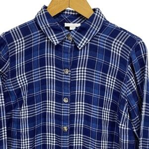 J Jill Plaid Button Down Plaid Flannel Shirt Womens Small Blue Ombre Effect